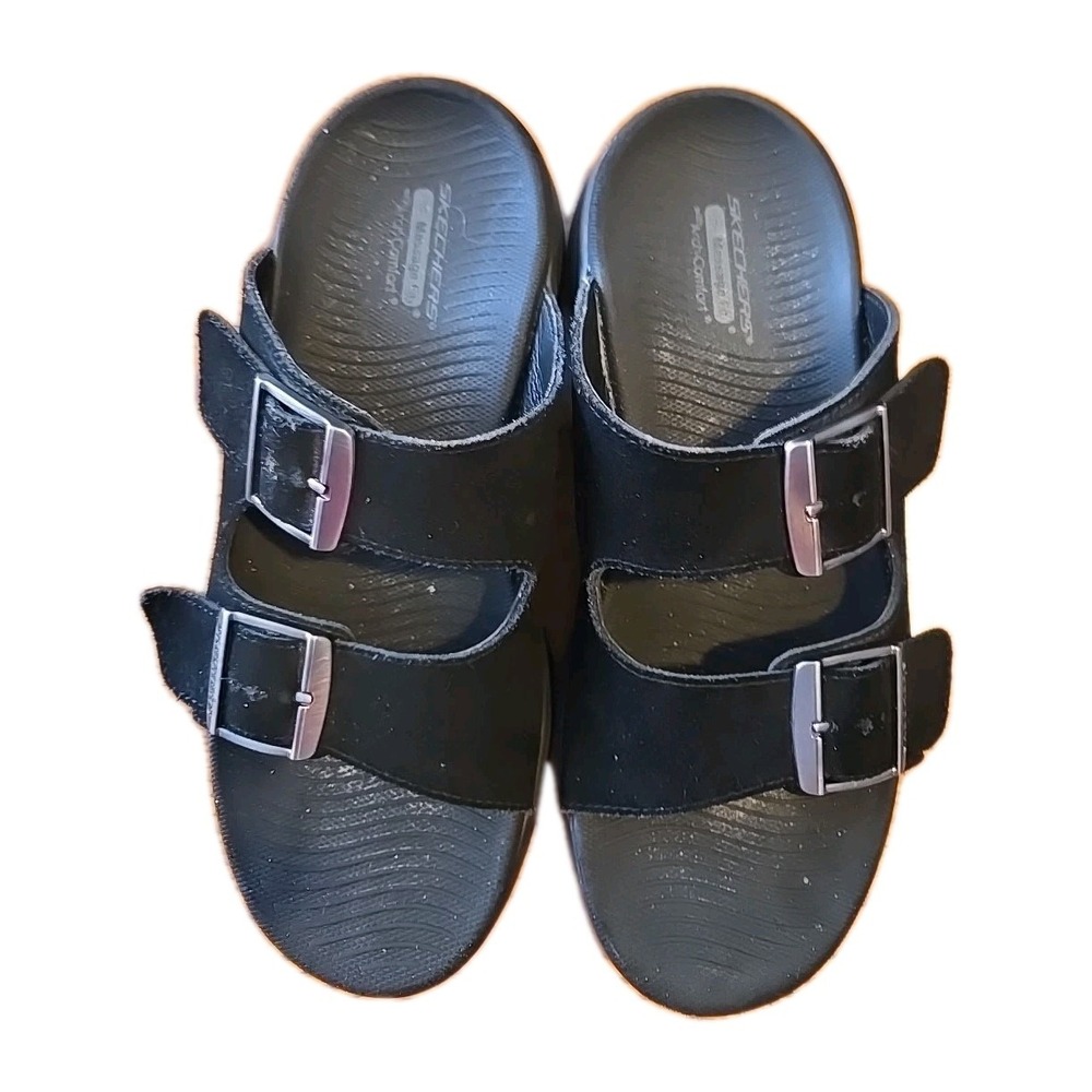 Skechers Womans Massage Fit Leather Sandals Size 7 Black Suede